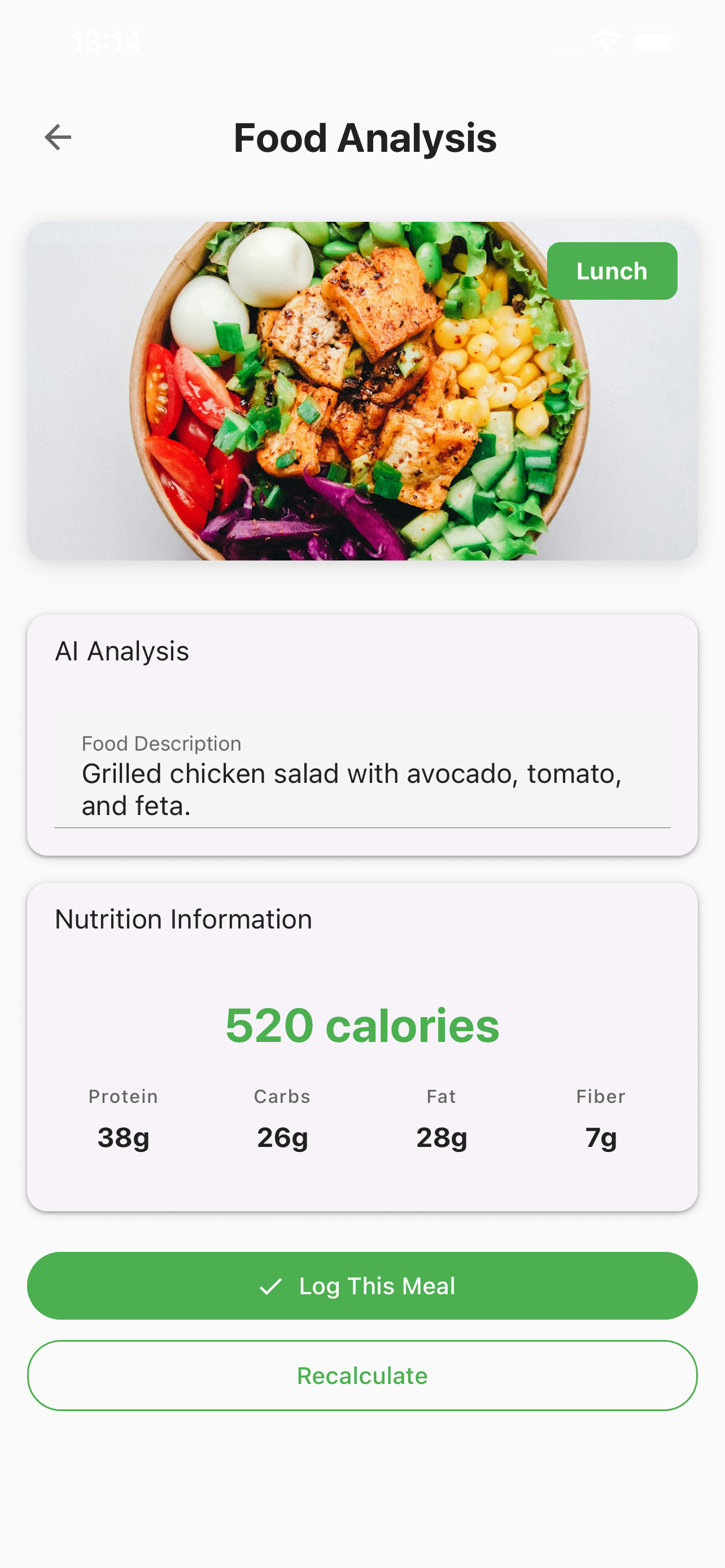 SnapEatKnow analyzing a grilled chicken salad with full nutrition breakdown