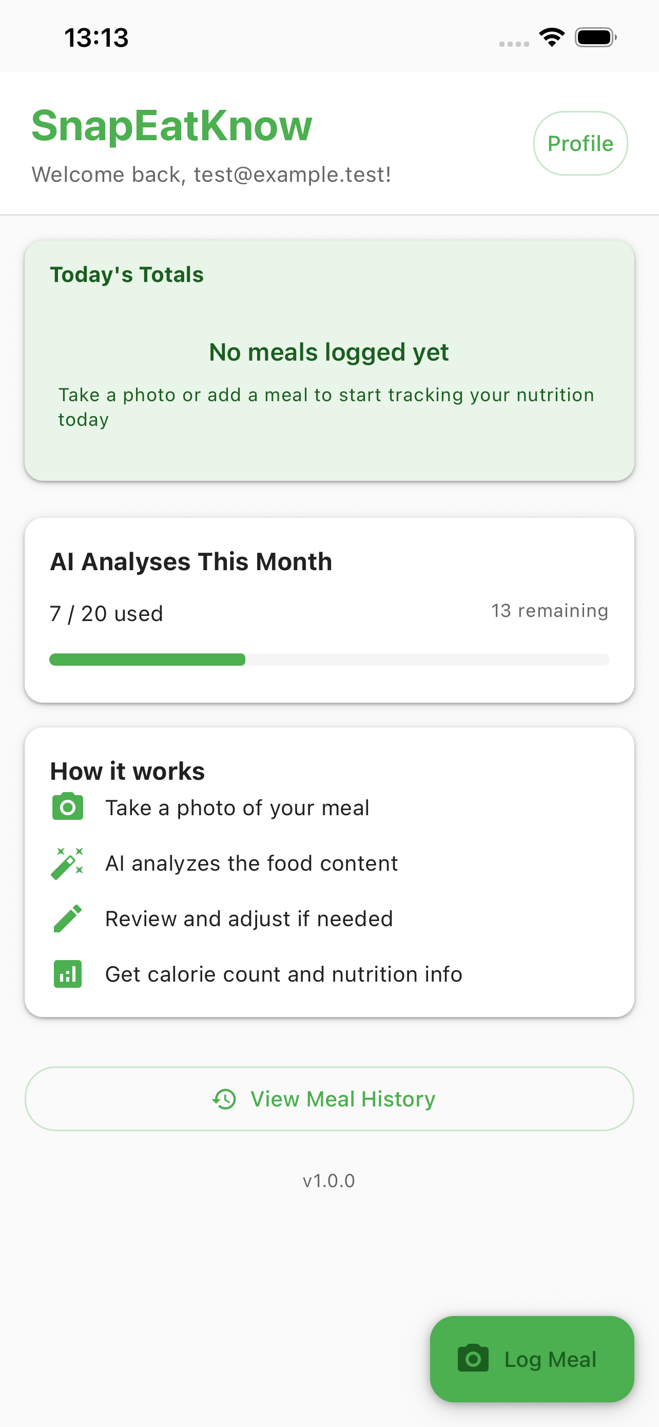 Dashboard showing daily calorie totals and AI analysis usage